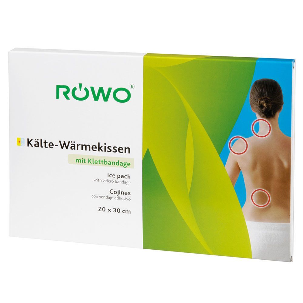Verpackung mit RÖWO Kälte-Wärmekissen mit Klettbandage. Aufdruck: 20 x 30 cm. Illustration einer Frau mit roten Kreisen auf dem Rücken.
