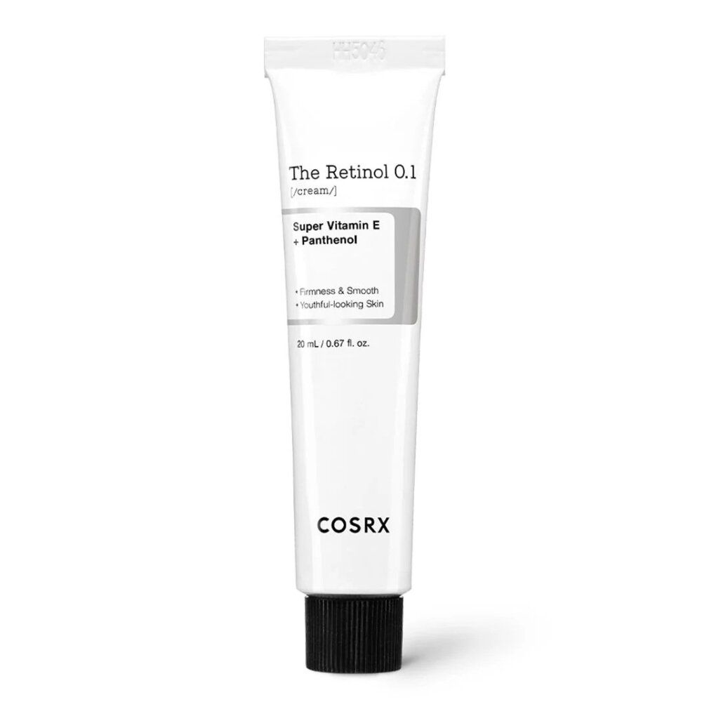 Weiße Tube mit schwarzem Deckel, beschriftet mit 'The Retinol 0.1 Cream' und 'COSRX'.