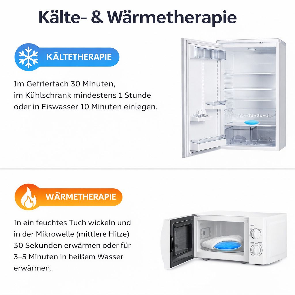 Anleitung zur Anwendung von Gel-Kompressen. Eine Kompresse im Kühlschrank und eine in der Mikrowelle. Text: Kälte- und Wärmetherapie.