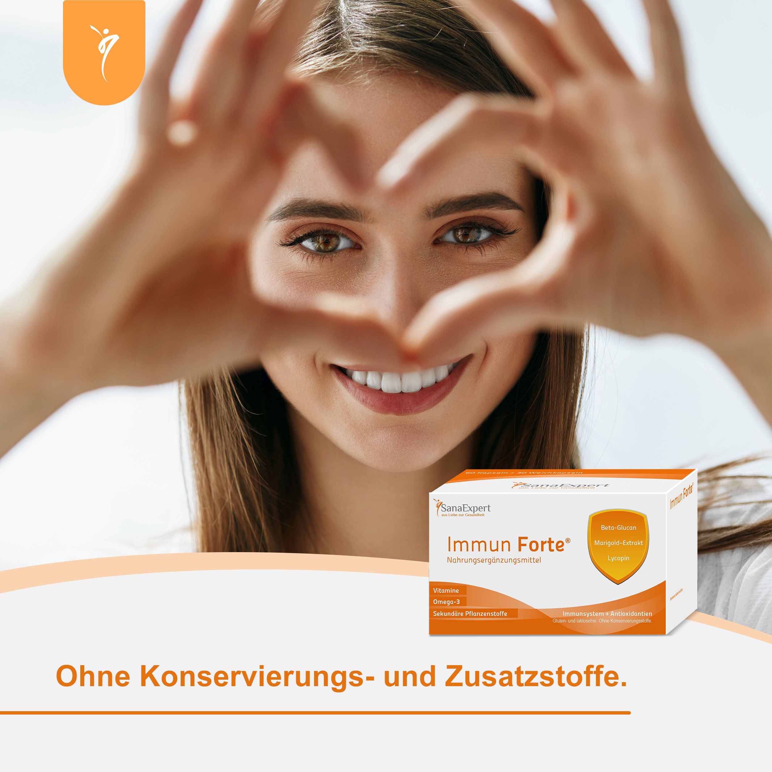 Junge Frau mit Herzform aus Händen: SanaExpert Immun Forte - Ohne Konservierungs- und Zusatzstoffe.