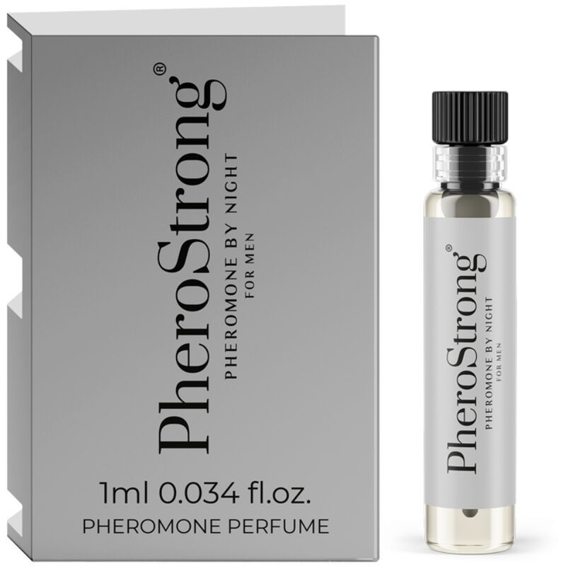 PheroStrong Pheromone By Night für Männer. Flakon und Verpackung. Silberfarbenes Etui, transparente Ampulle mit schwarzem Verschluss.