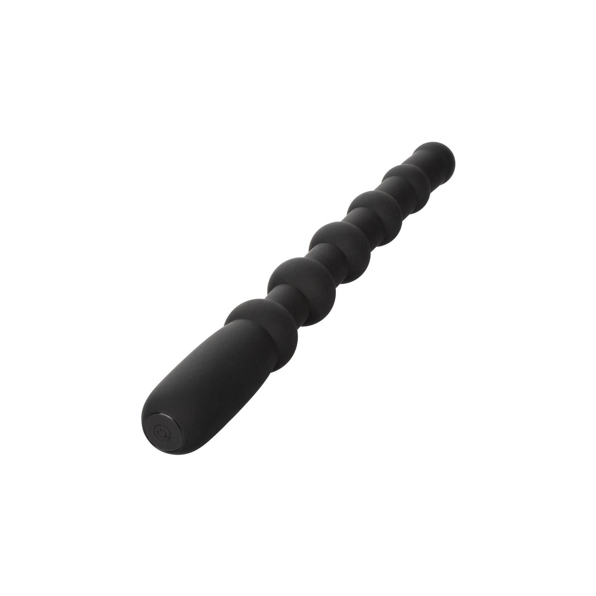 Schwarzes, perlenförmiges Wellness-Produkt. Besteht aus einer Reihe von Kugeln und einem Griff.