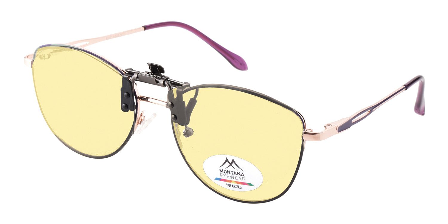 Sonnenbrille mit gelben Gläsern und Clip-on-Funktion. Montana Eyewear Logo. Brillenbügel.