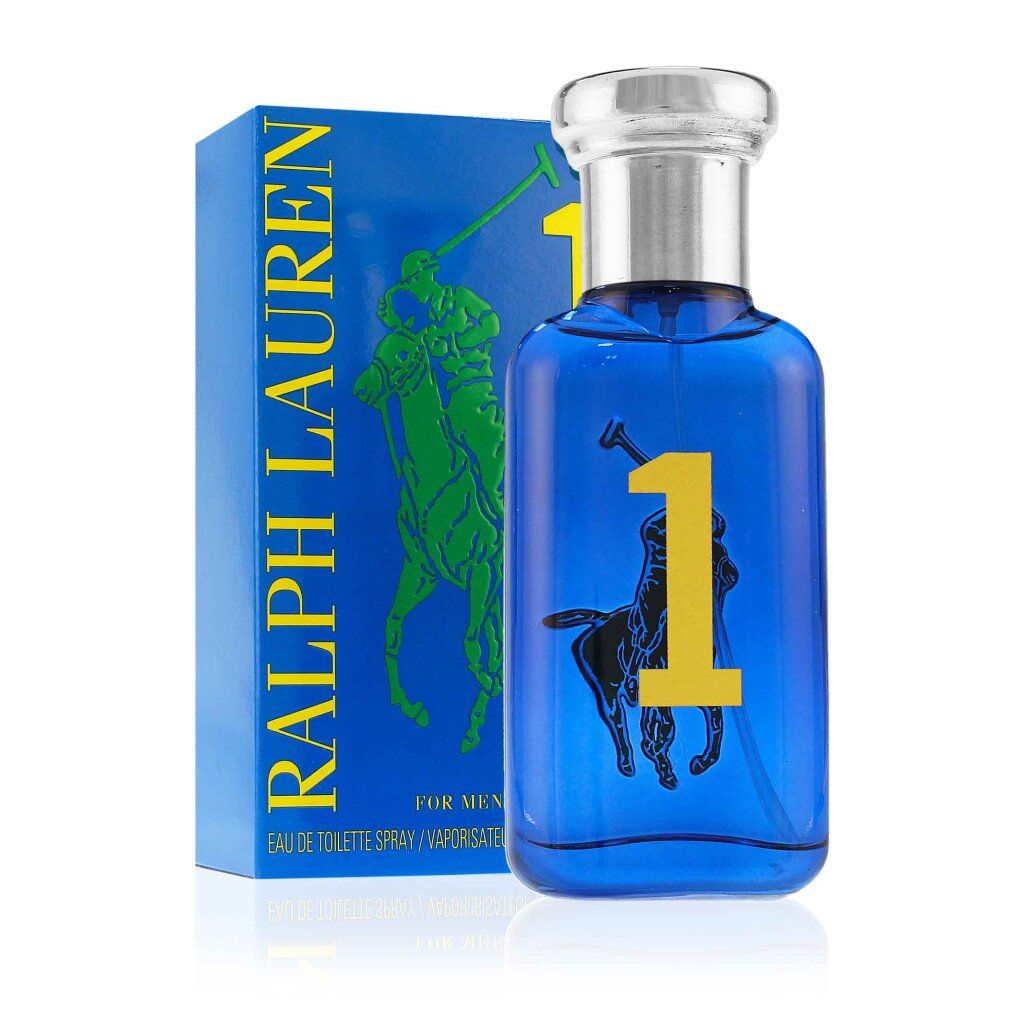 Blaues Parfümflakon und Schachtel. Auf der Schachtel steht 'Ralph Lauren' und '1'. Flakon mit Logo eines Polospielers.