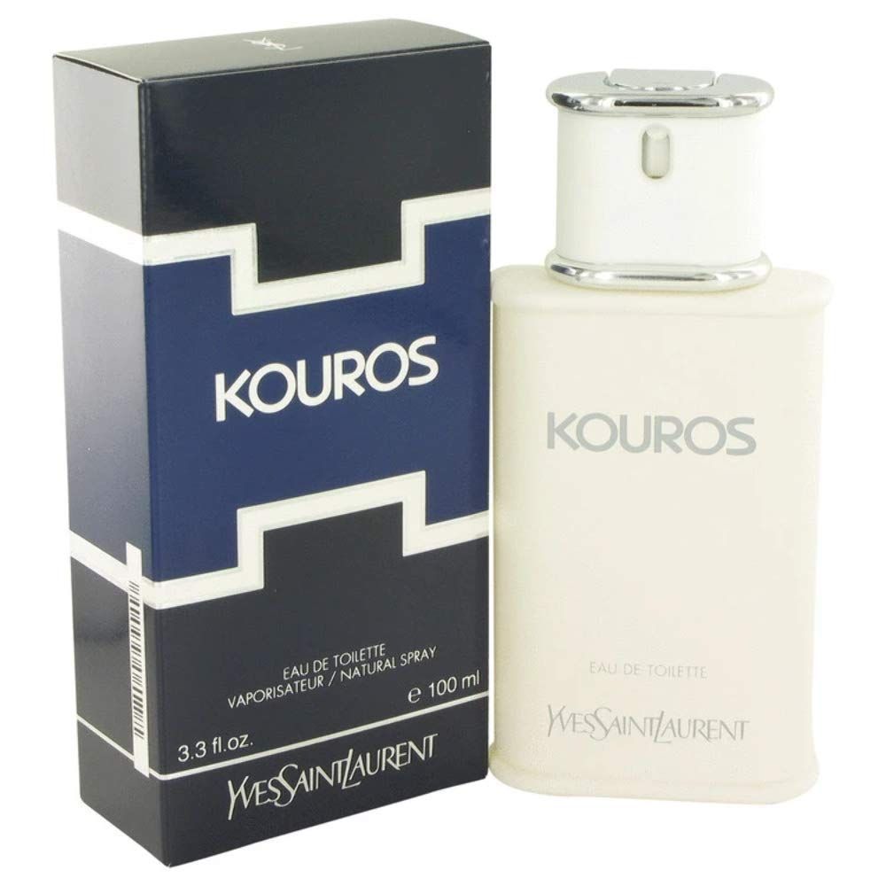 Parfümflakon und Verpackung. Flakon cremefarben, Deckel silber. Verpackung blau mit weißem "KOUROS"-Schriftzug.