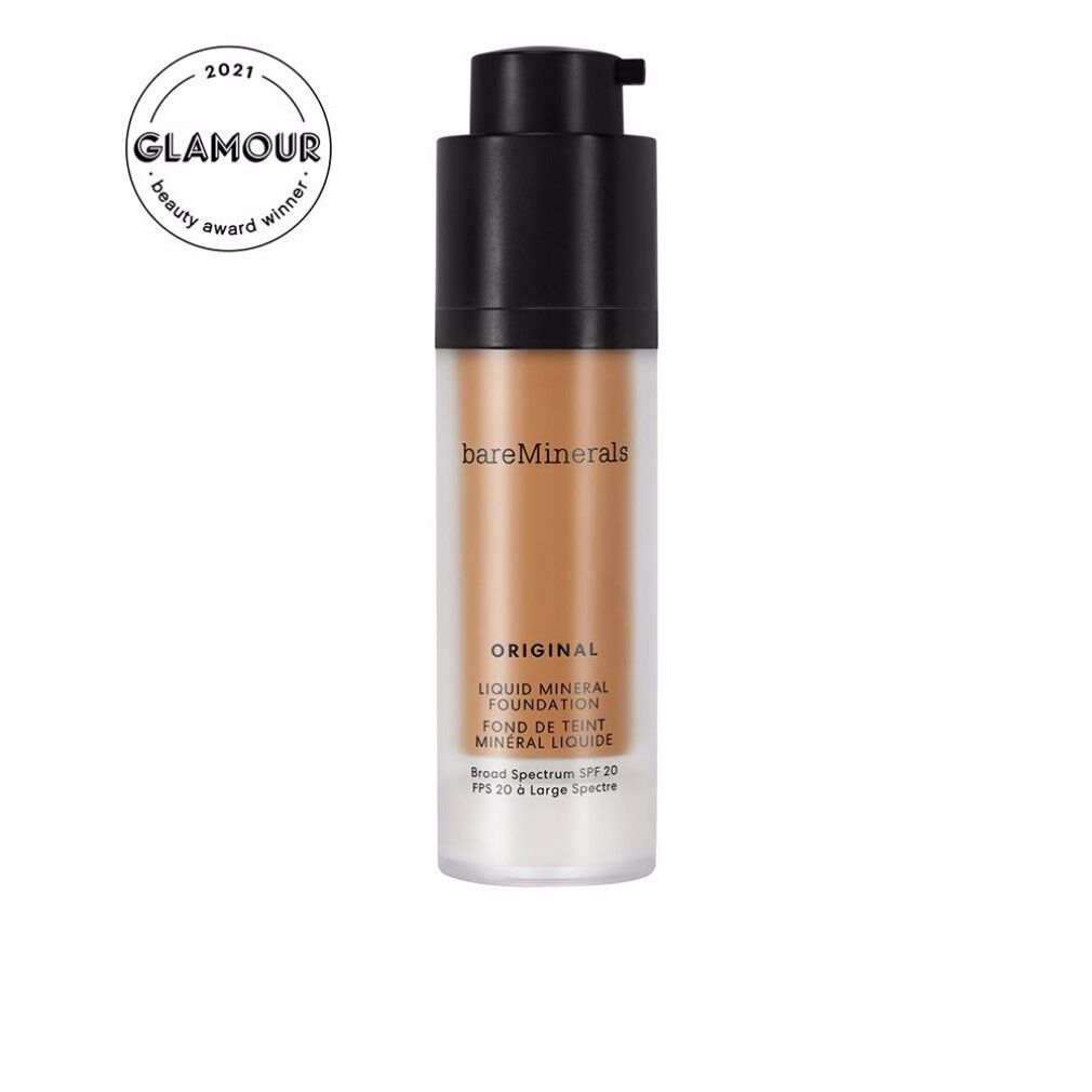 Flüssigfoundation in einer Flasche mit schwarzem Pumpverschluss. Aufschrift: ORIGINAL, Liquid Mineral Foundation, SPF 20, 24-neutral dunkel.