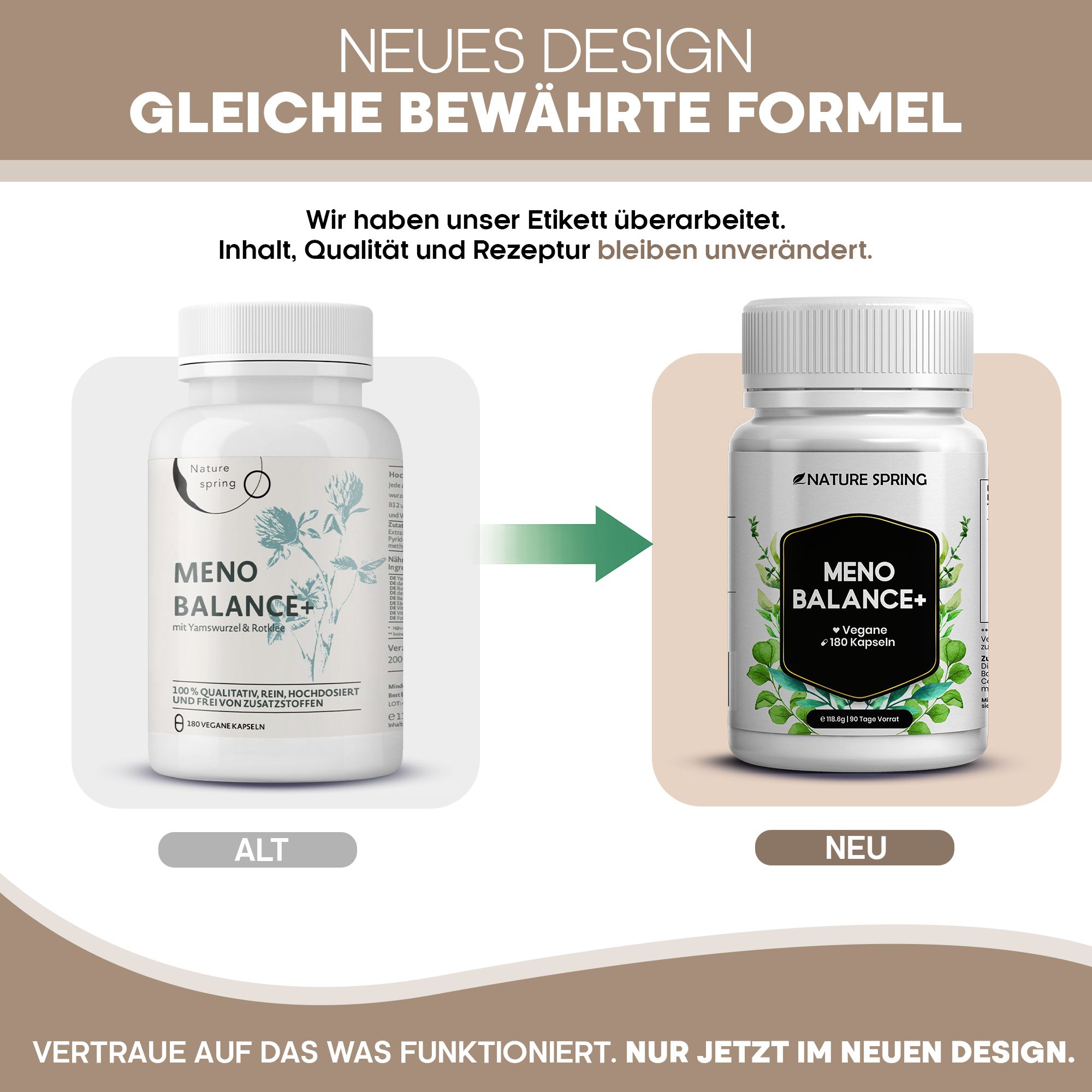Vergleich: Alte und neue Verpackung von Nature Spring Meno Balance+ Kapseln.