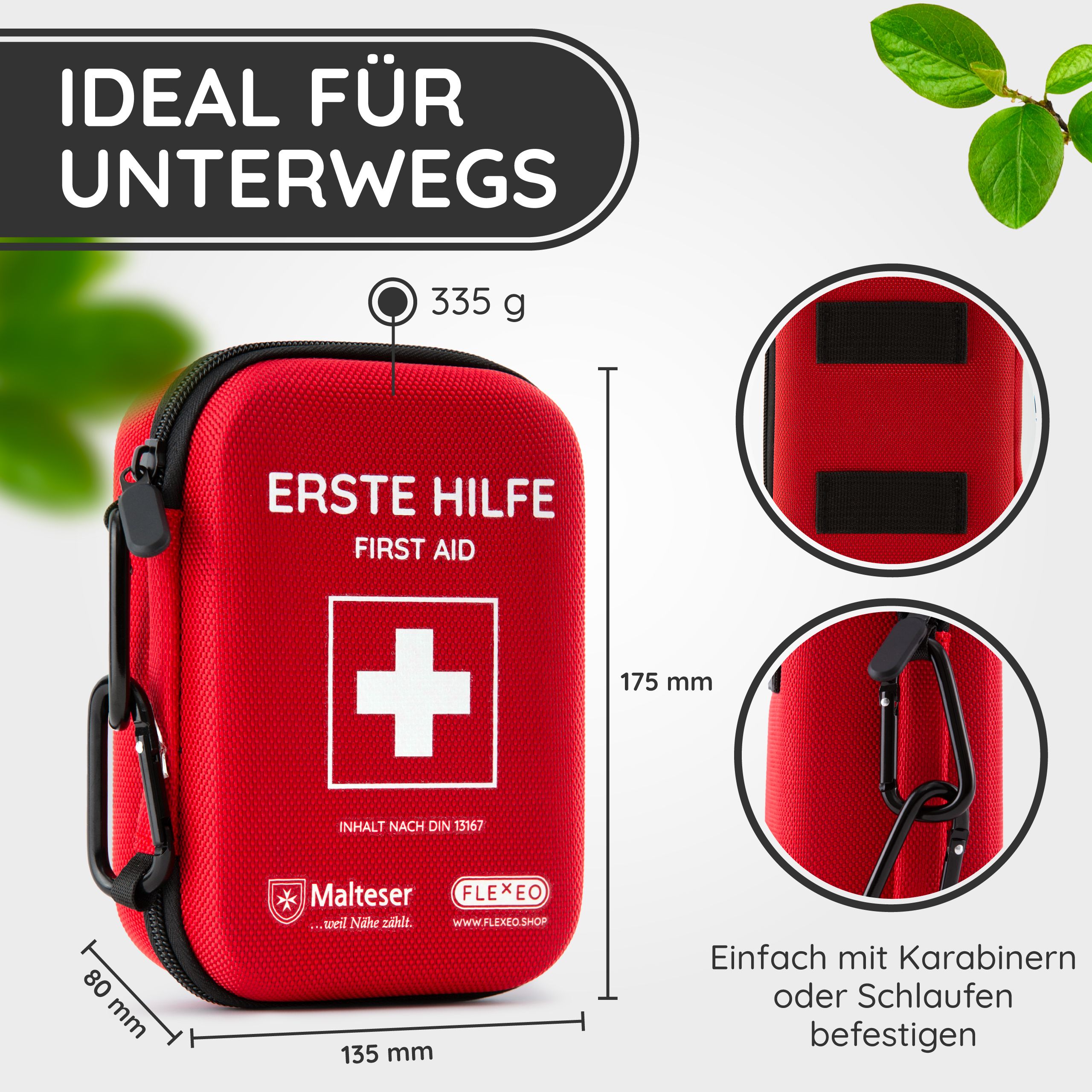 Rote Erste-Hilfe-Tasche mit Karabinerhaken. Maße: 135x175x80mm. Gewicht: 335g. Text: Erste Hilfe, First Aid, Inhalt nach DIN 13167.