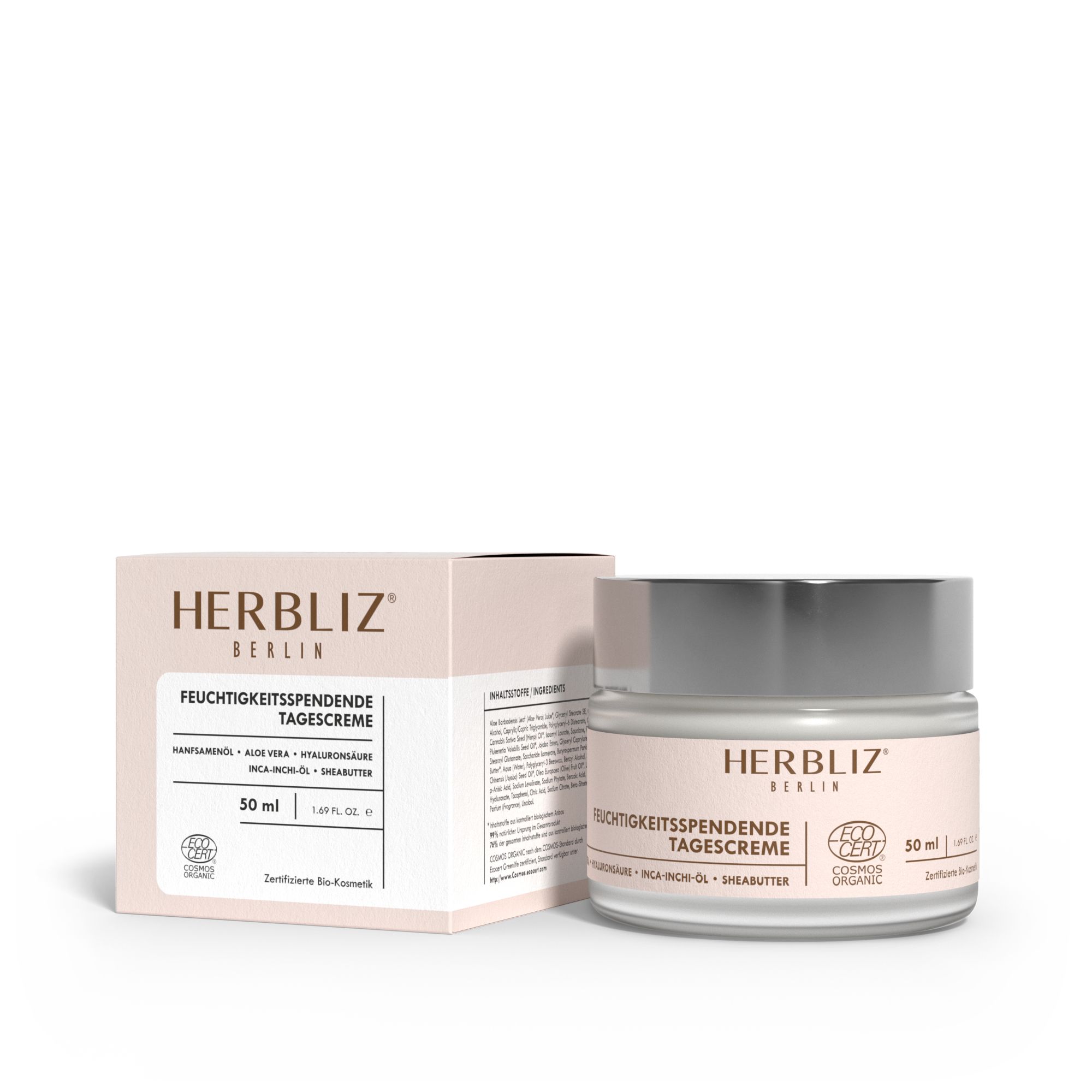 Creme-Glas und Verpackung. Aufschrift: HERBLIZ, Feuchtigkeitsspendende Tagescreme, ECO CERT, 50 ml. Text auf Verpackung.