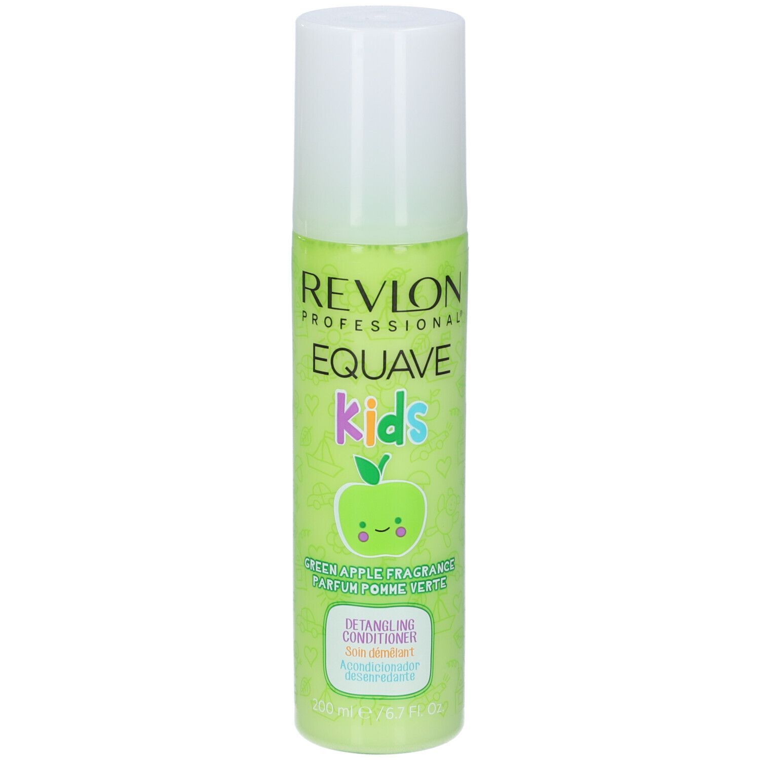 Grüne Flasche mit weißem Deckel. Aufschrift: Revlon Equave Kids Detangling Conditioner. Apfel-Design.