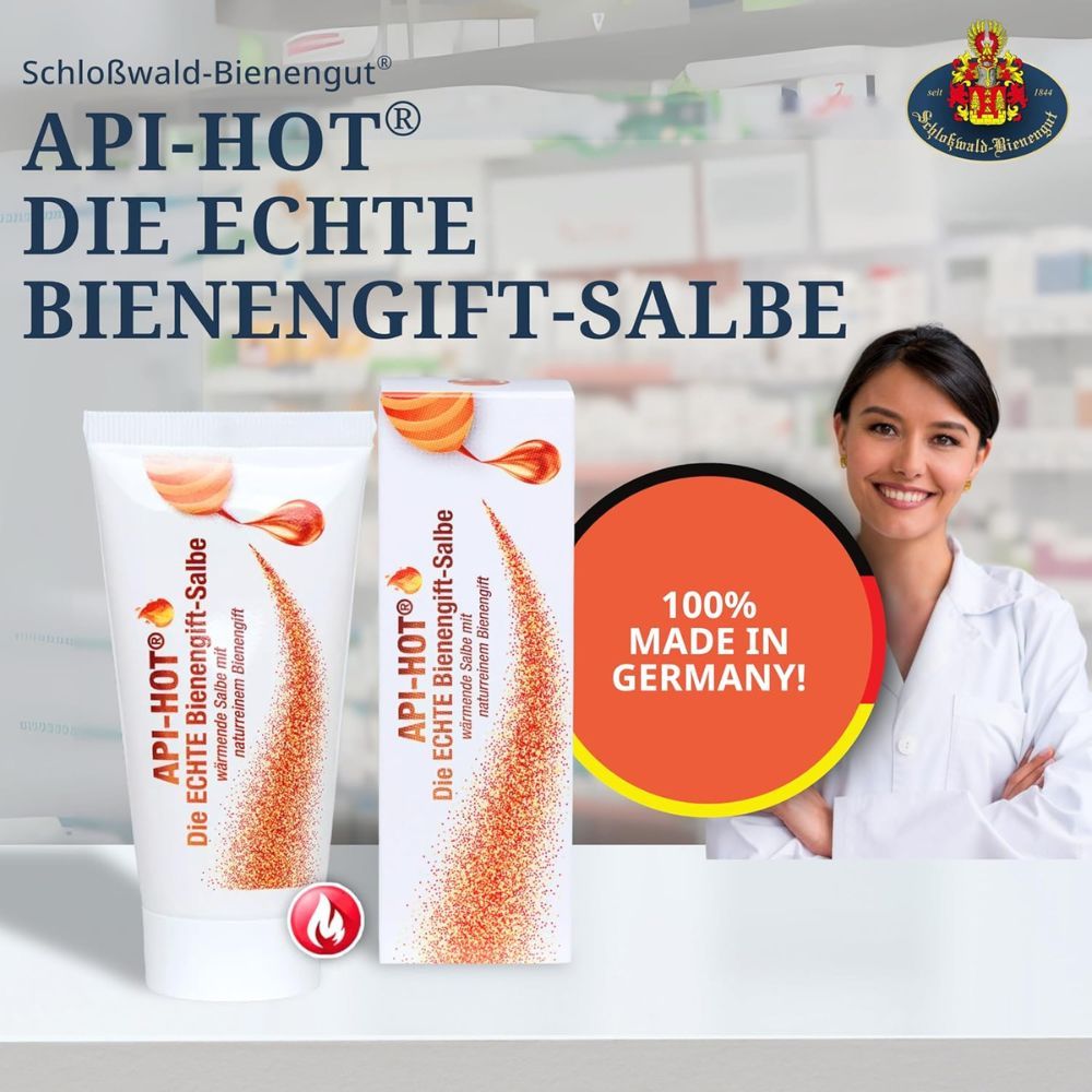 API-HOT® Salbentube und Karton in Apothekenumgebung, 100% Made in Germany.