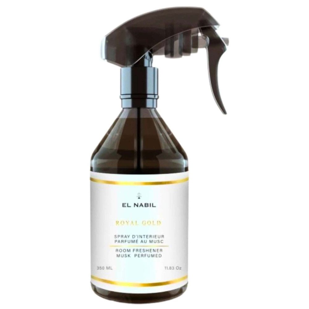 Braune Sprühflasche mit schwarzem Sprühkopf. Etikett mit Produktnamen und Text. Marke: El Nabil. Produkt: Royal Gold Raumspray.