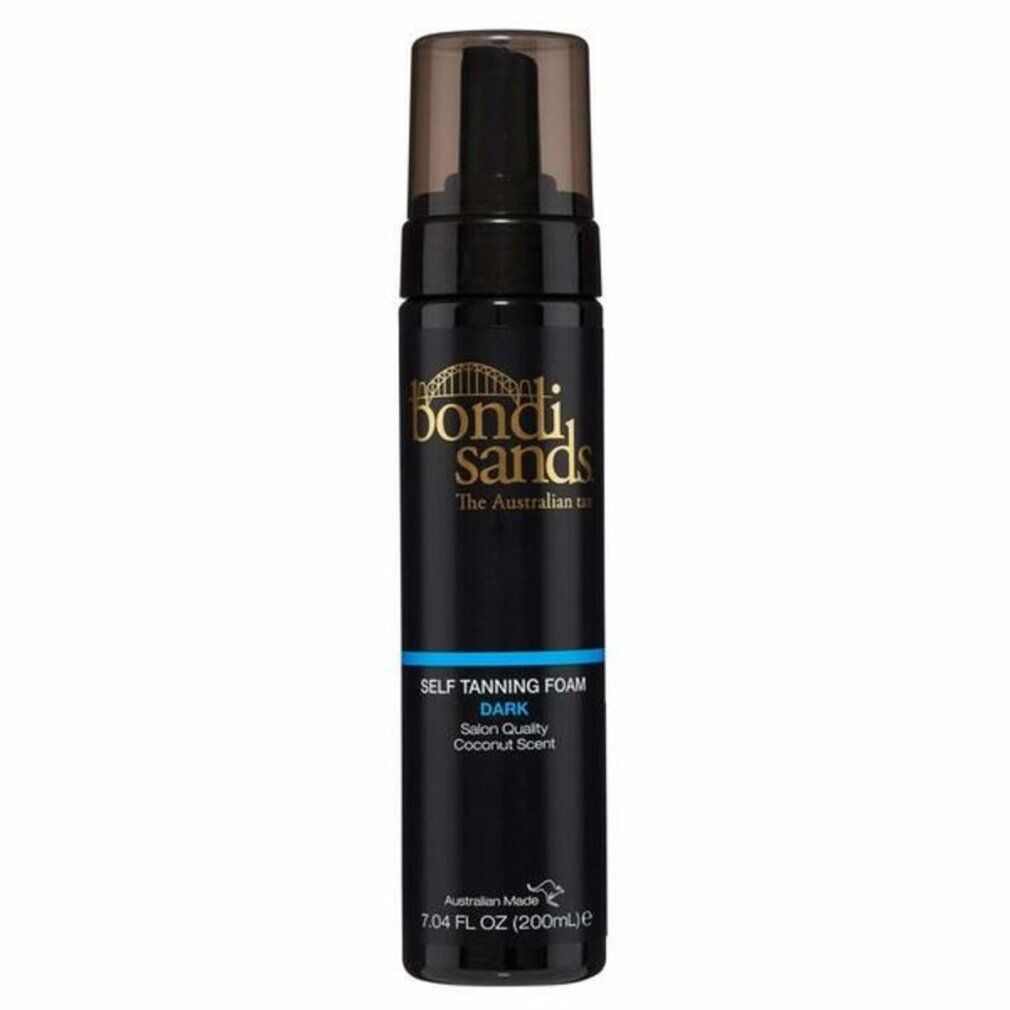 Dunkle Selbstbräunerschaumflasche. Schwarze Flasche mit goldfarbenem Logo. Blaue Schrift: DARK, Salon Quality, Coconut Scent.