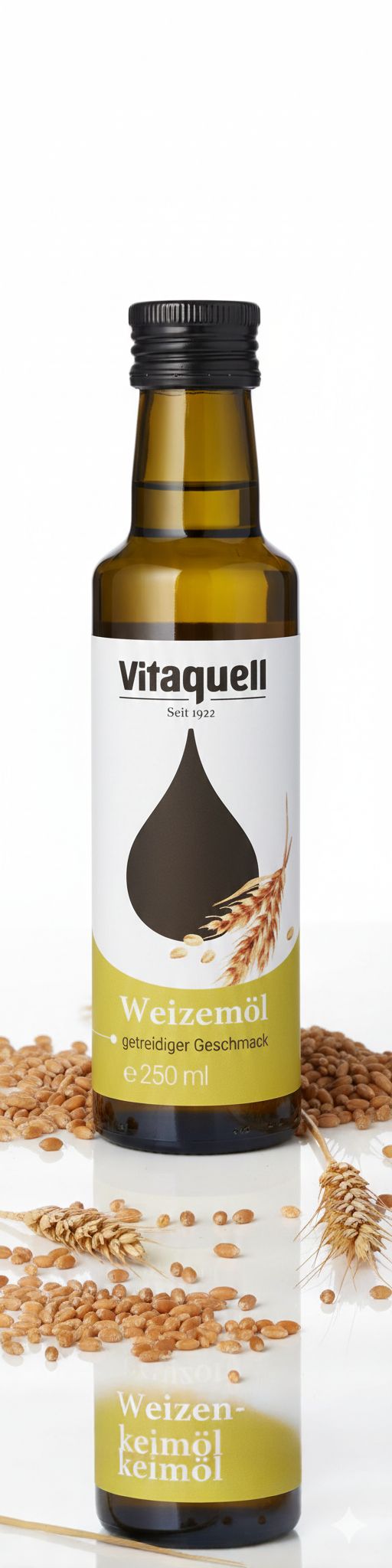 Eine braune Glasflasche mit Vitaquell Weizenkeimöl, 250 ml. Umgeben von Weizenkörnern und Ähren.