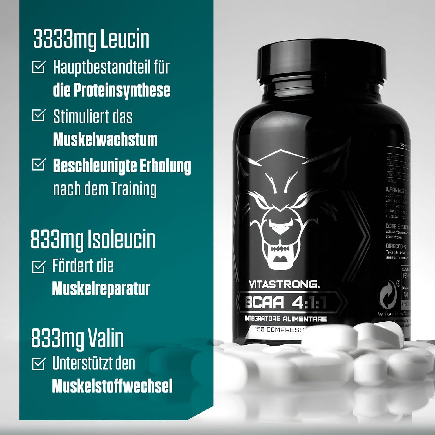 Vitastrong BCAA 4:1:1, 150 Tabletten. Informationen zu Leucin, Isoleucin und Valin. Tabletten im Vordergrund.
