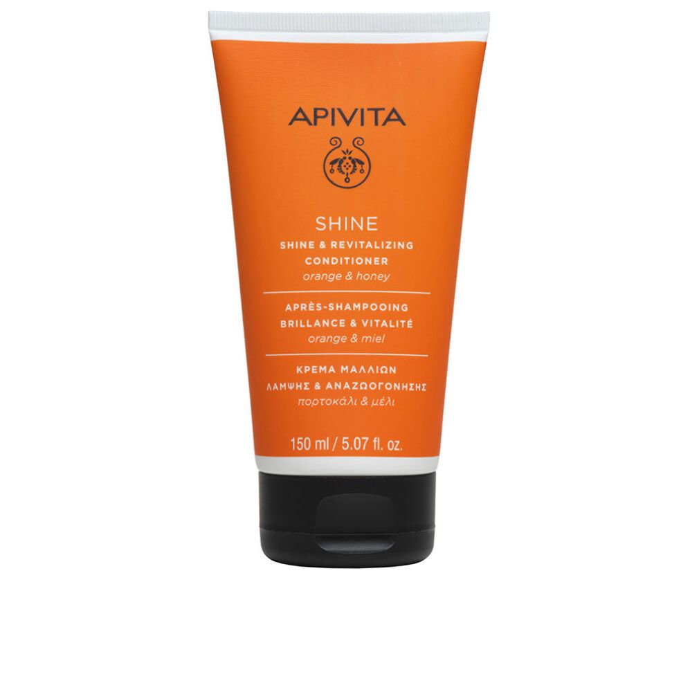 Orange Tube mit schwarzem Deckel. Aufschrift: APIVITA SHINE Conditioner. Text in mehreren Sprachen. 150 ml.