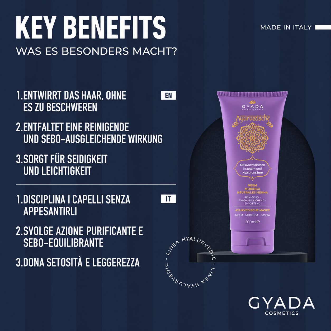 GYADA KOSMETIK Ayurvedische Maske mit Neem, Moringa, Henna Neutro in violetter Tube, 200ml.