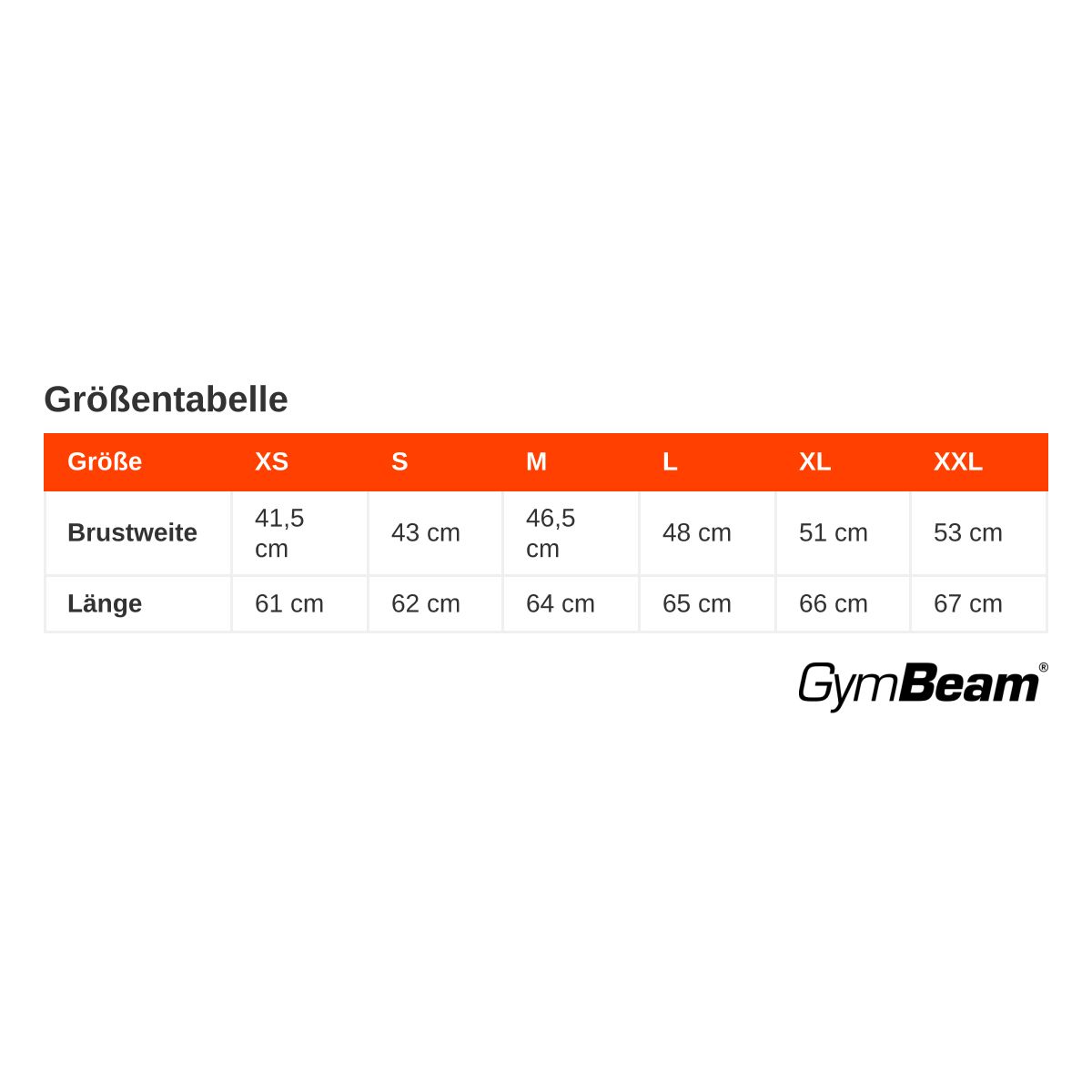 Größentabelle für Damen T-Shirts: Größen XS-XXL, Brustweite und Länge in cm.