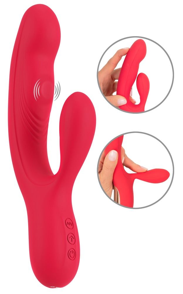 Roter Vibrator mit gebogener Form und zusätzlichem Element. Drei Knöpfe. Zwei Kreise zeigen die Anwendung.