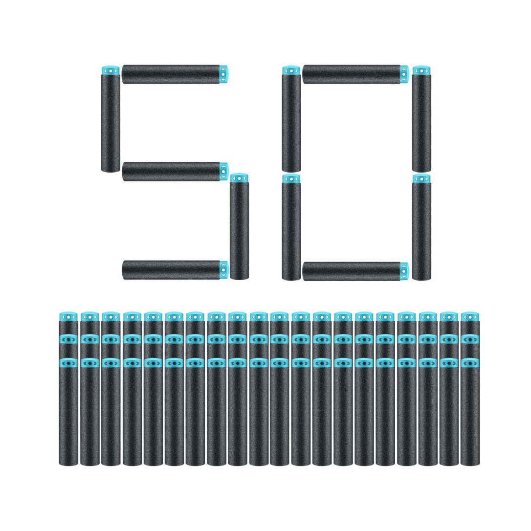 Anordnung von 50 X-Shot Darts. Schwarze Darts mit blauen Spitzen, angeordnet als '50'.