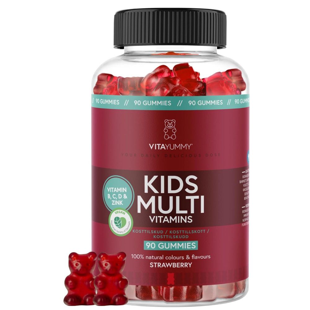 Klare Flasche mit roten Gummibärchen. Aufschrift: KIDS MULTI VITAMINS. Enthält Vitamin B, C, D & Zink. 90 Gummis. Erdbeergeschmack.