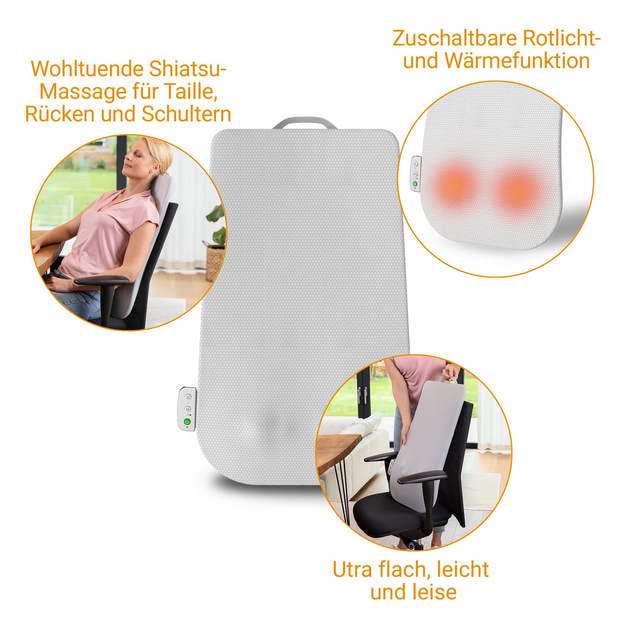 Frau entspannt sich mit geschlossenen Augen, während sie auf einem Stuhl sitzt, auf dem eine weiße Massageauflage angebracht ist.