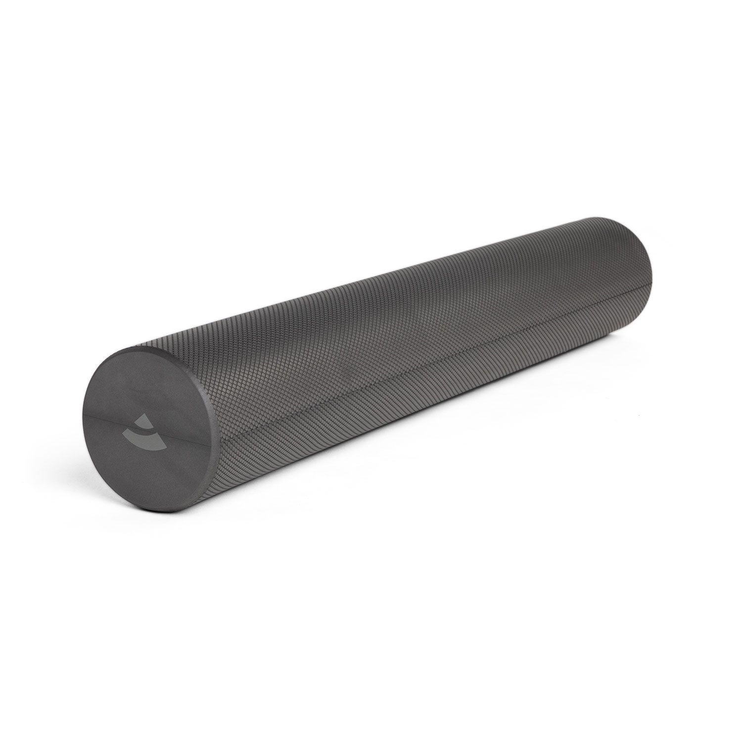 Anthrazitfarbene Pilates Rolle XL, liegend. Zylindrische Form, strukturierte Oberfläche. Grauer Farbton.