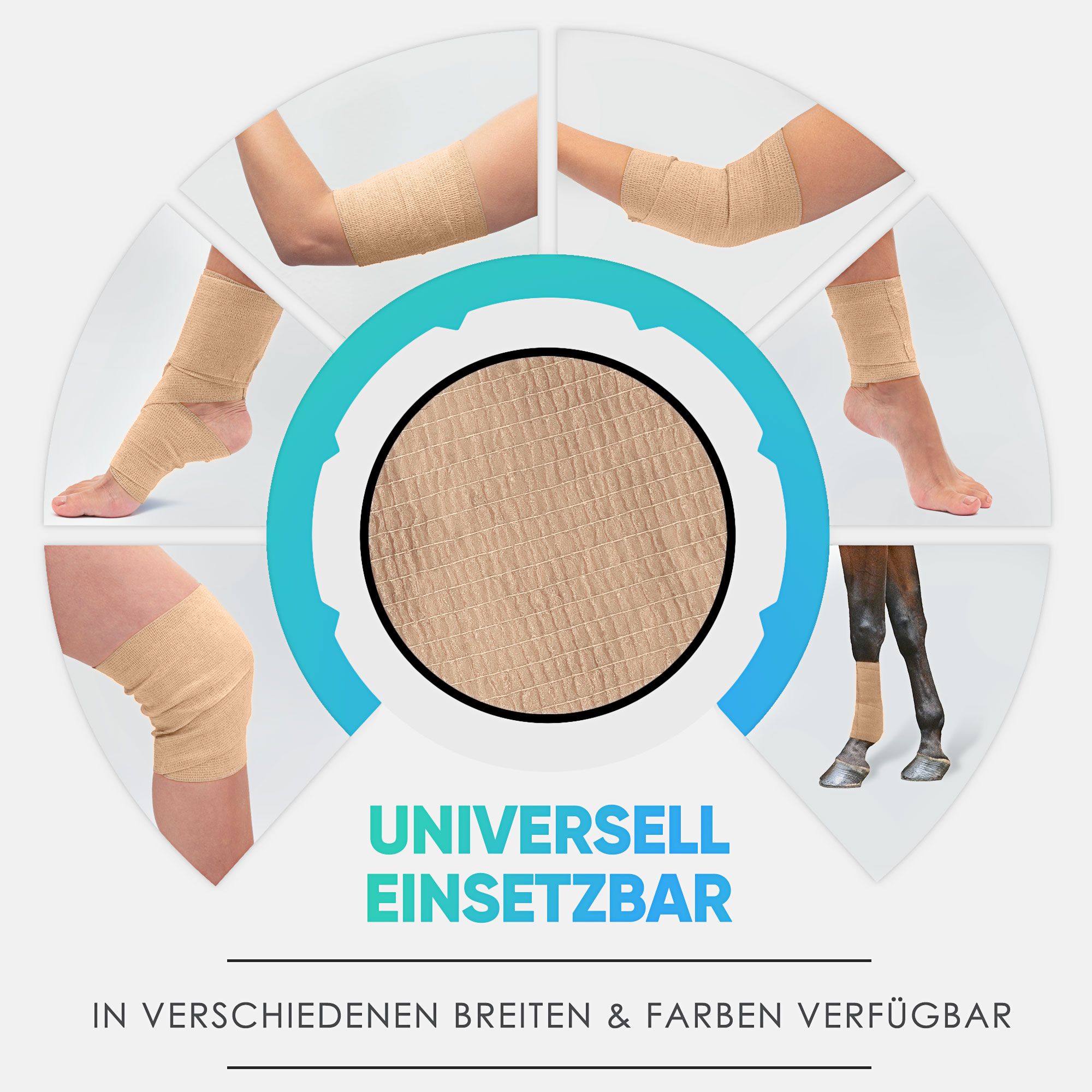 Universell einsetzbare Haftbandagen an verschiedenen Körperteilen und Pferdebeinen.