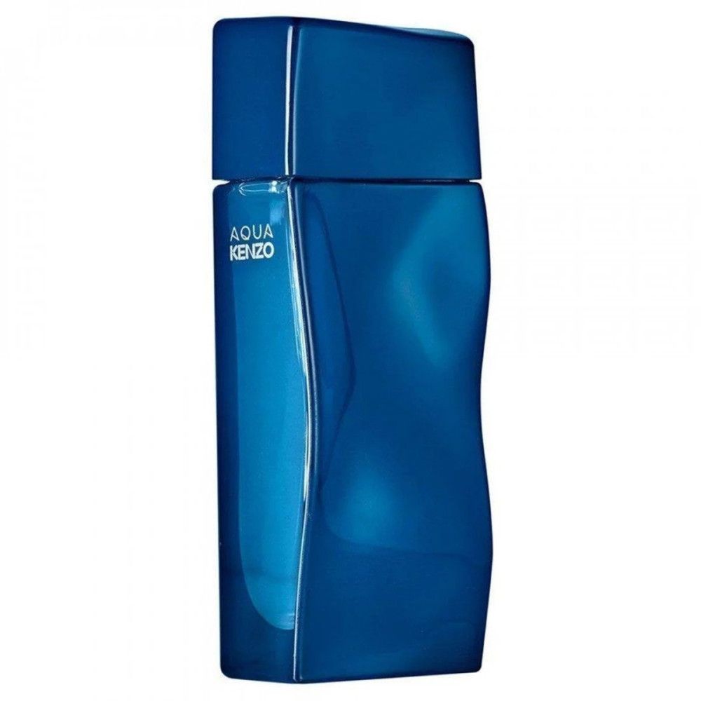 Blauer Parfümflakon mit AQUA KENZO-Logo. Flakon hat eine geschwungene Form.