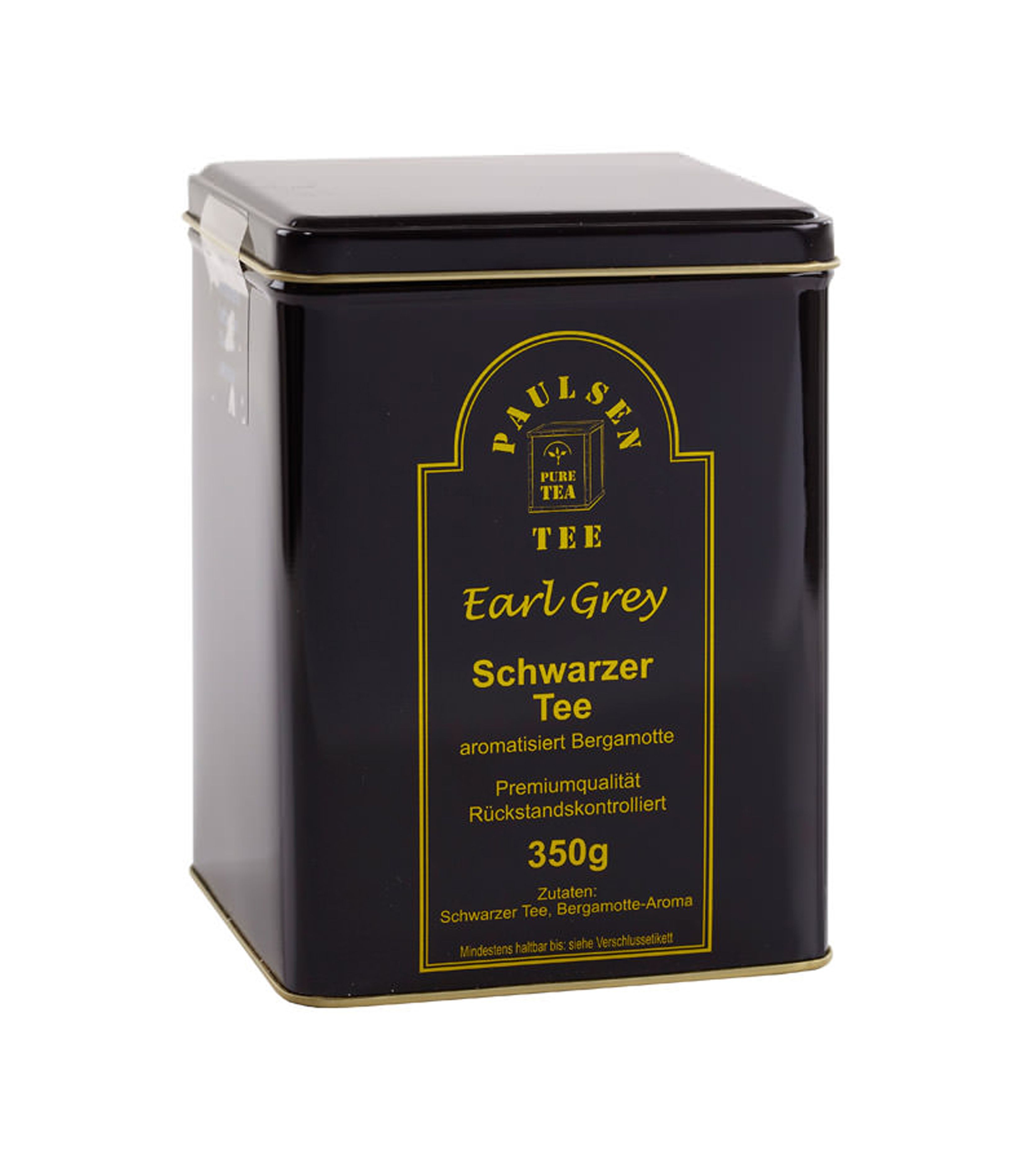 Schwarze Teedose mit goldfarbener Schrift. Aufschrift: Paulsen Earl Grey, 350g. Quadratische Dose mit Deckel.