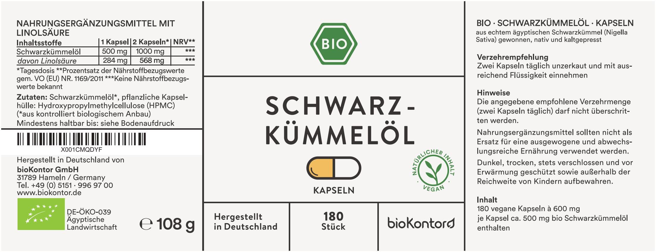 Etikett mit Text: Schwarzkümmelöl, Bio-Siegel, 180 Kapseln, vegan. Enthält Nährwertangaben und Herstellerinformationen.
