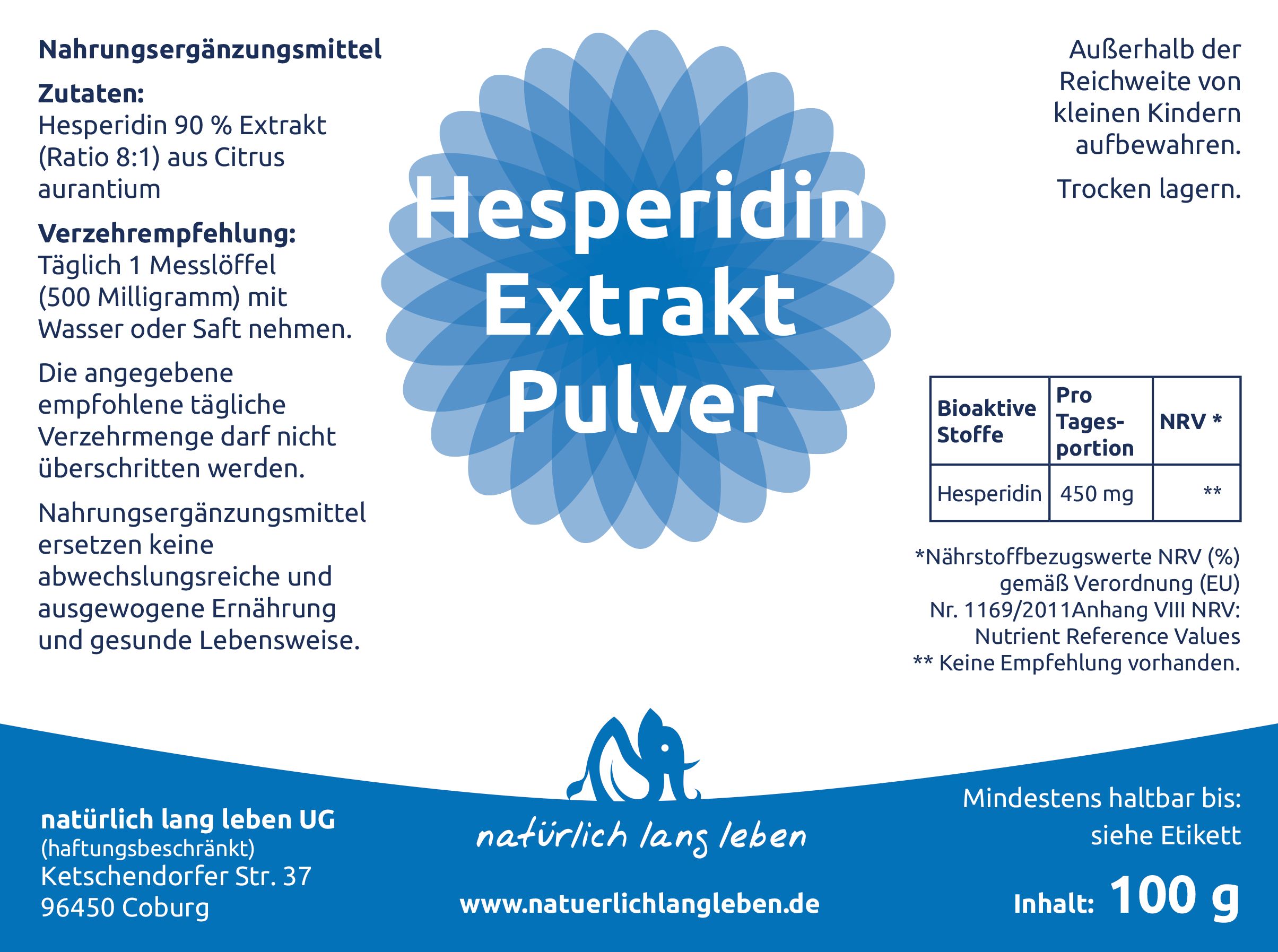 Etikett mit Text. "Hesperidin Extrakt Pulver". Angaben zu Inhaltsstoffen, Verzehrempfehlung und Nährwerten. Logo.