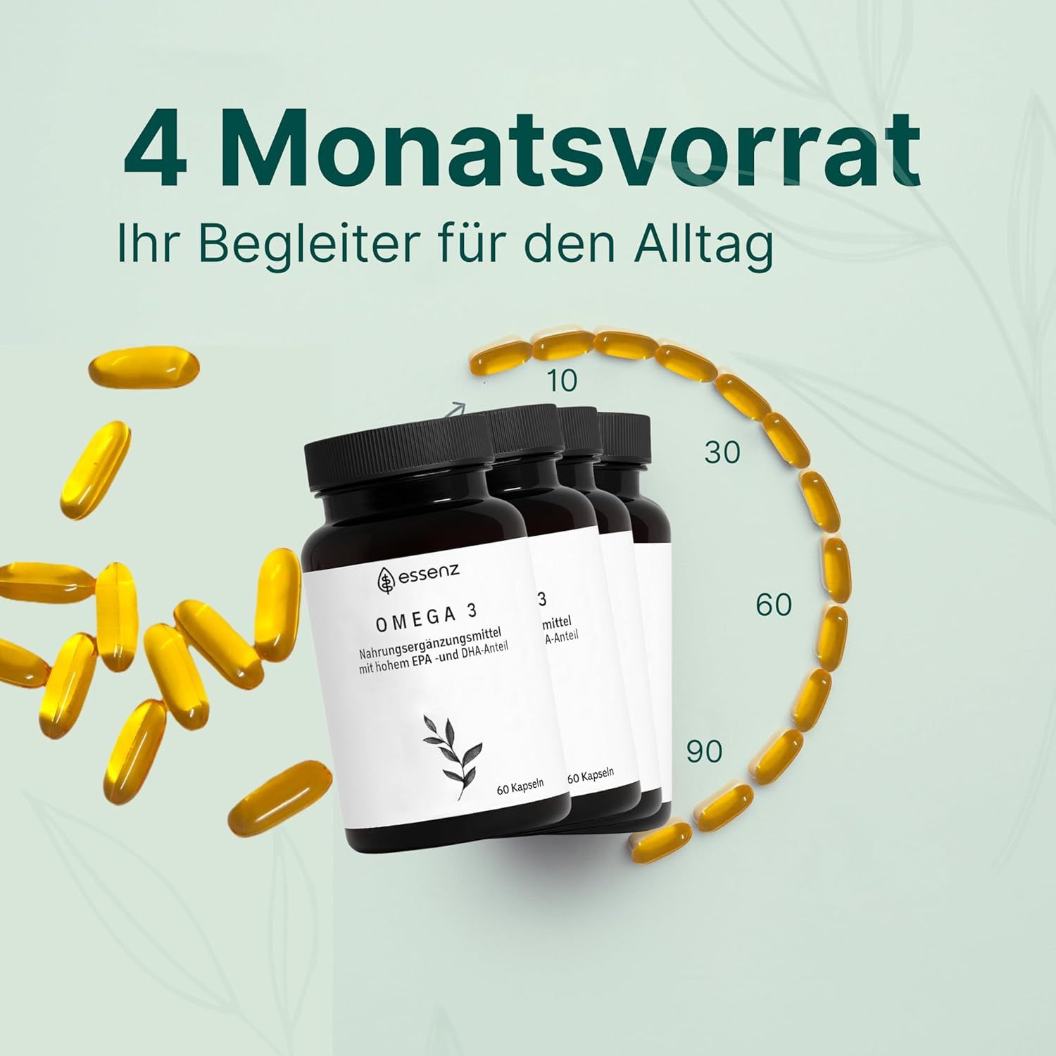 Drei Flaschen ESSENZ Omega 3, daneben Kapseln. Aufschrift: 4 Monatsvorrat. Kreis aus Kapseln mit Zahlen 10, 30, 60, 90. Text: Ihr Begleiter für den Alltag.