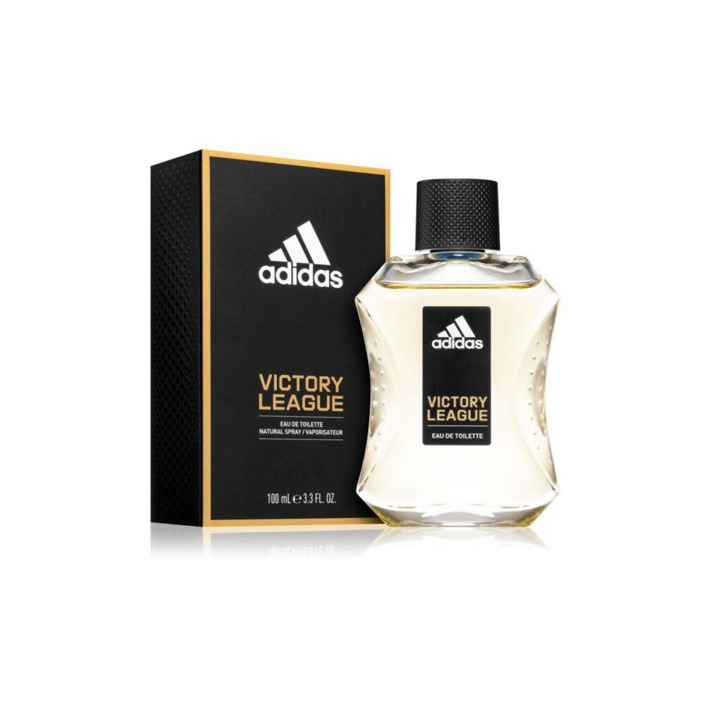 Parfümflasche und Schachtel. Auf der Schachtel und Flasche steht Adidas Victory League. 100 ml.