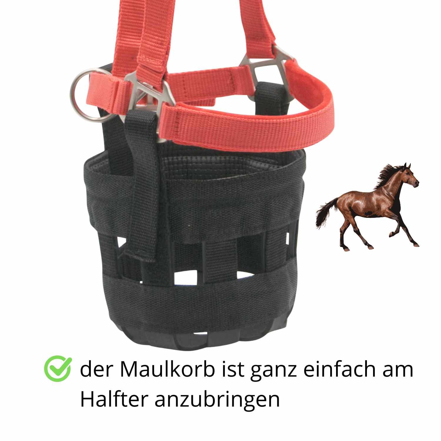 Rotes Halfter mit schwarzem Maulkorb. Text: Der Maulkorb ist ganz einfach am Halfter anzubringen.
