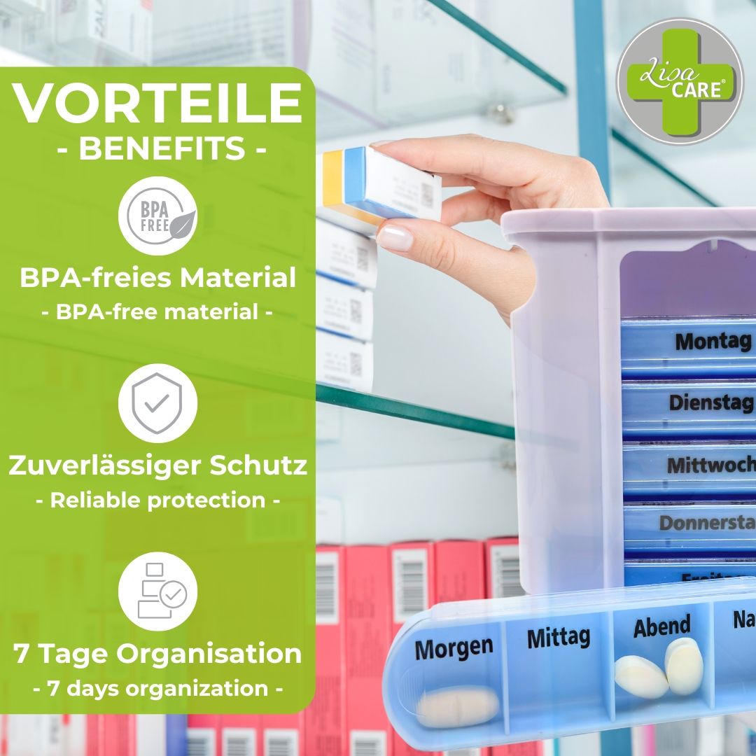 Medikamentendosierer und Tablettenfächer. Text: Vorteile, BPA-freies Material, zuverlässiger Schutz, 7 Tage Organisation.
