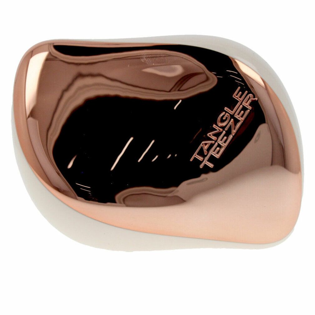 Kompakte Tangle Teezer Haarbürste, Roségold-Finish, weiße Basis.