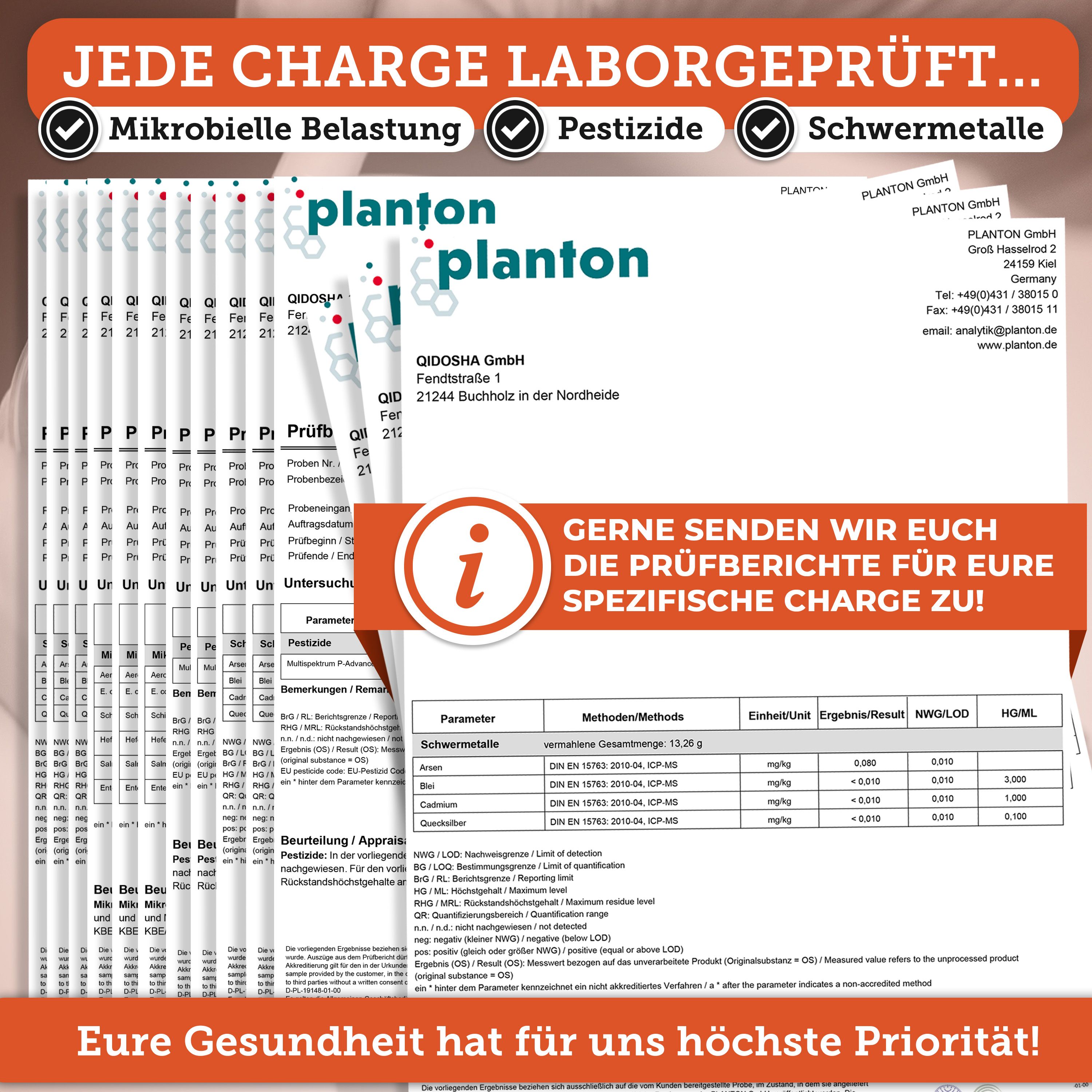 Zertifikate und Prüfberichte. Aufschrift: QIDOSHA GmbH. Informationen zu Pestiziden, Schwermetallen, etc.
