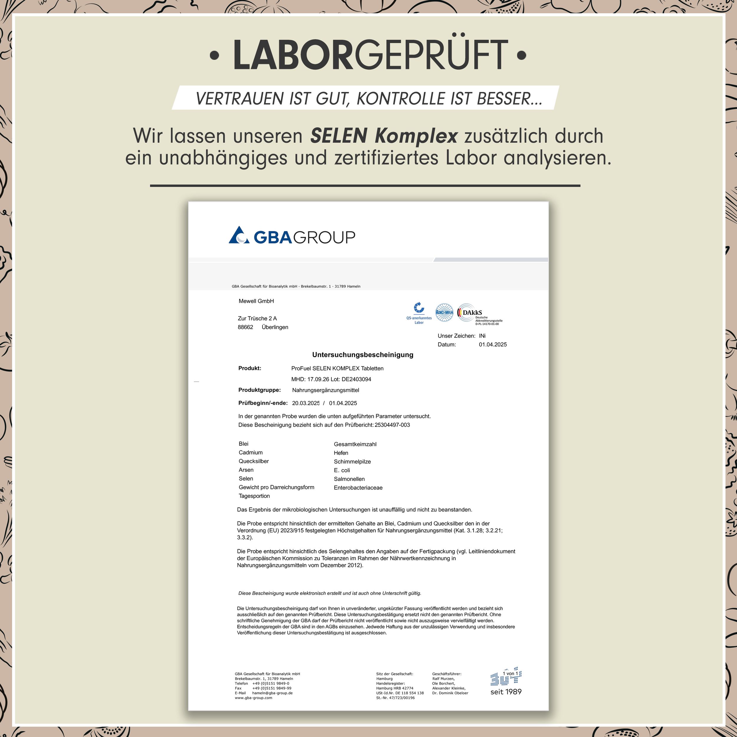 Laborbericht der GBA Group. Dokument mit Testergebnissen von Selen Komplex Tabletten. Zertifizierung und Analyseergebnisse.