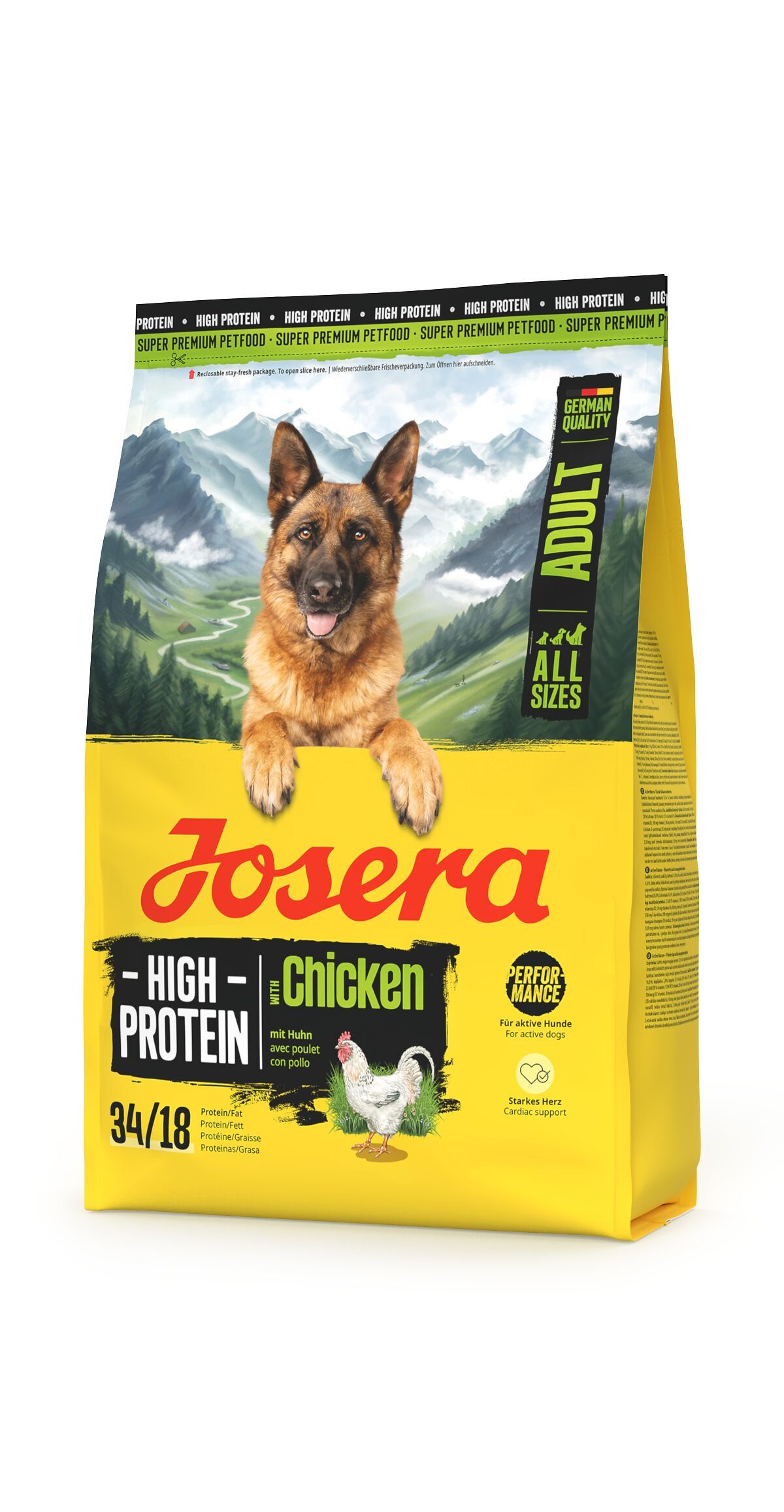 Gelbe Verpackung mit Hund und Huhn. Text: JOSERA High Protein Adult mit Huhn. Aufdruck: German Quality, All Sizes.