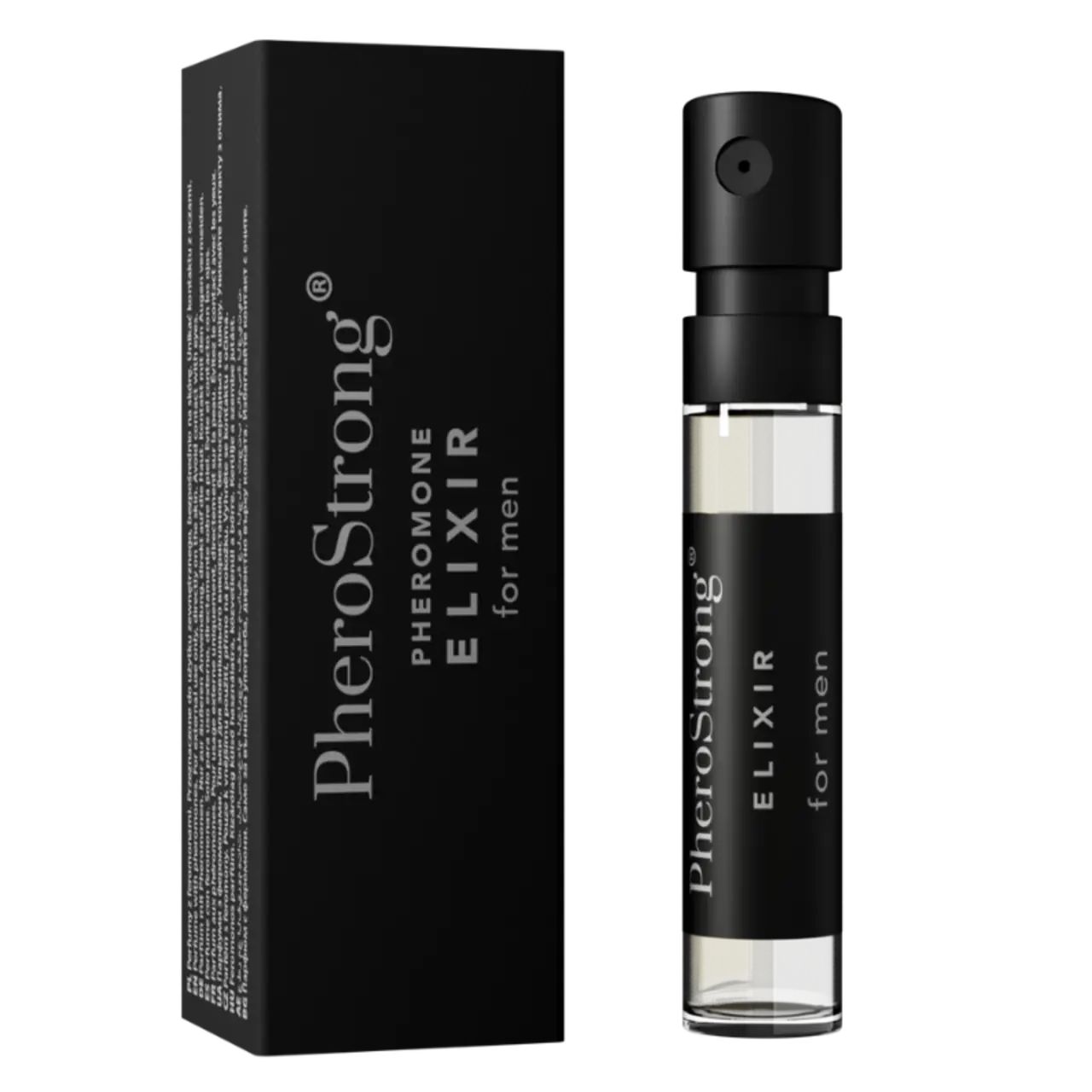 Schwarze Schachtel und Flakon. Flakon mit schwarzem Sprühkopf. Aufschrift: PheroStrong Elixir for men.