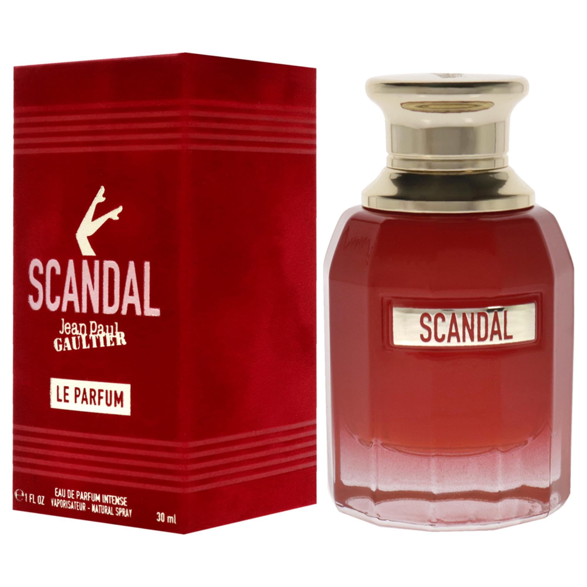 Roter Flakon mit goldener Kappe und roter Verpackung. Schriftzug SCANDAL und LE PARFUM.