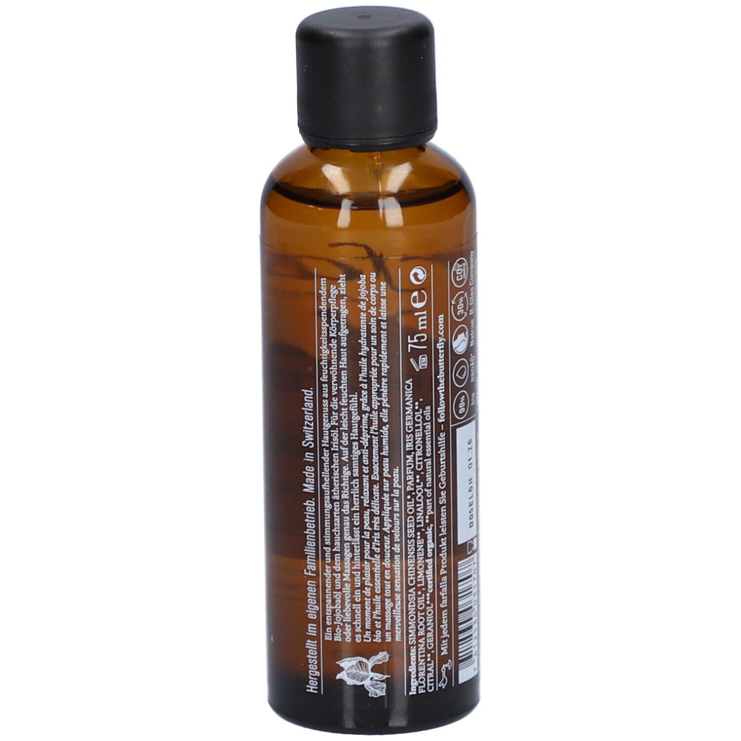Braune Glasflasche mit schwarzem Deckel, enthält 75 ml Körperöl. Hergestellt in der Schweiz.