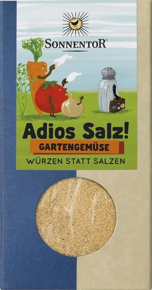 Sonnentor Adios Salz! Gartengemüse Gewürzmischung in Verpackung mit Gemüsedarstellung und Sichtfenster.
