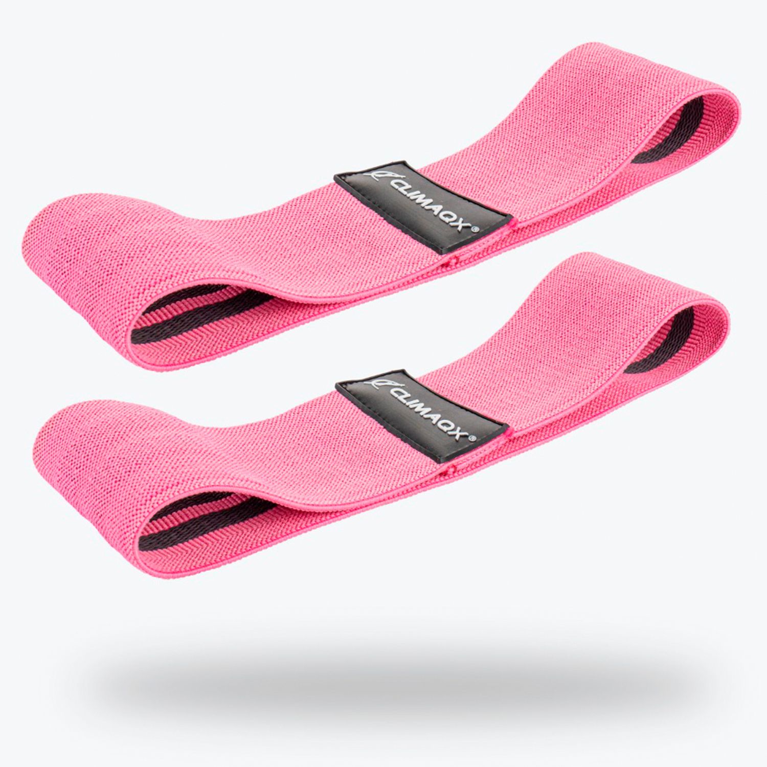 Zwei pinkfarbene Widerstandsbänder. Schwarzes Label mit "CLIMAAX"-Logo. Textilmaterial.