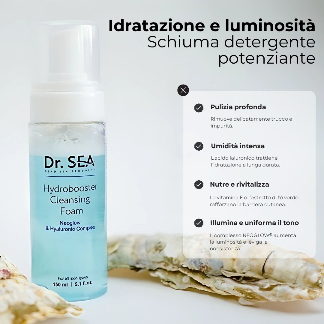 Flacone del prodotto con testo e icone. Testo: Idratazione e luminosità. Icone: Pulizia profonda, umidità intensa, nutre e rivitalizza, illumina.