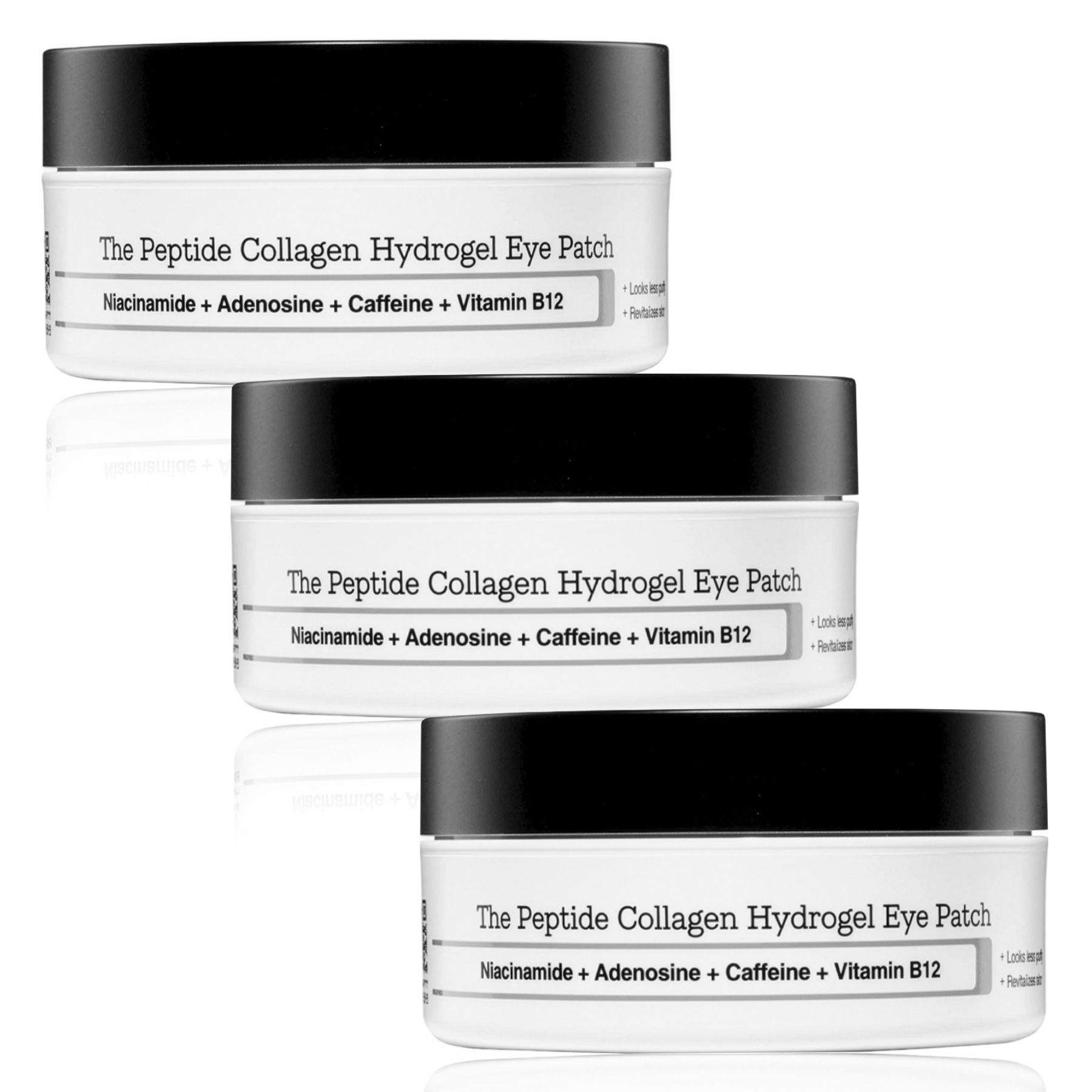 Drei Behälter mit Augenpads. Text: The Peptide Collagen Hydrogel Eye Patch. Schwarzer Deckel.
