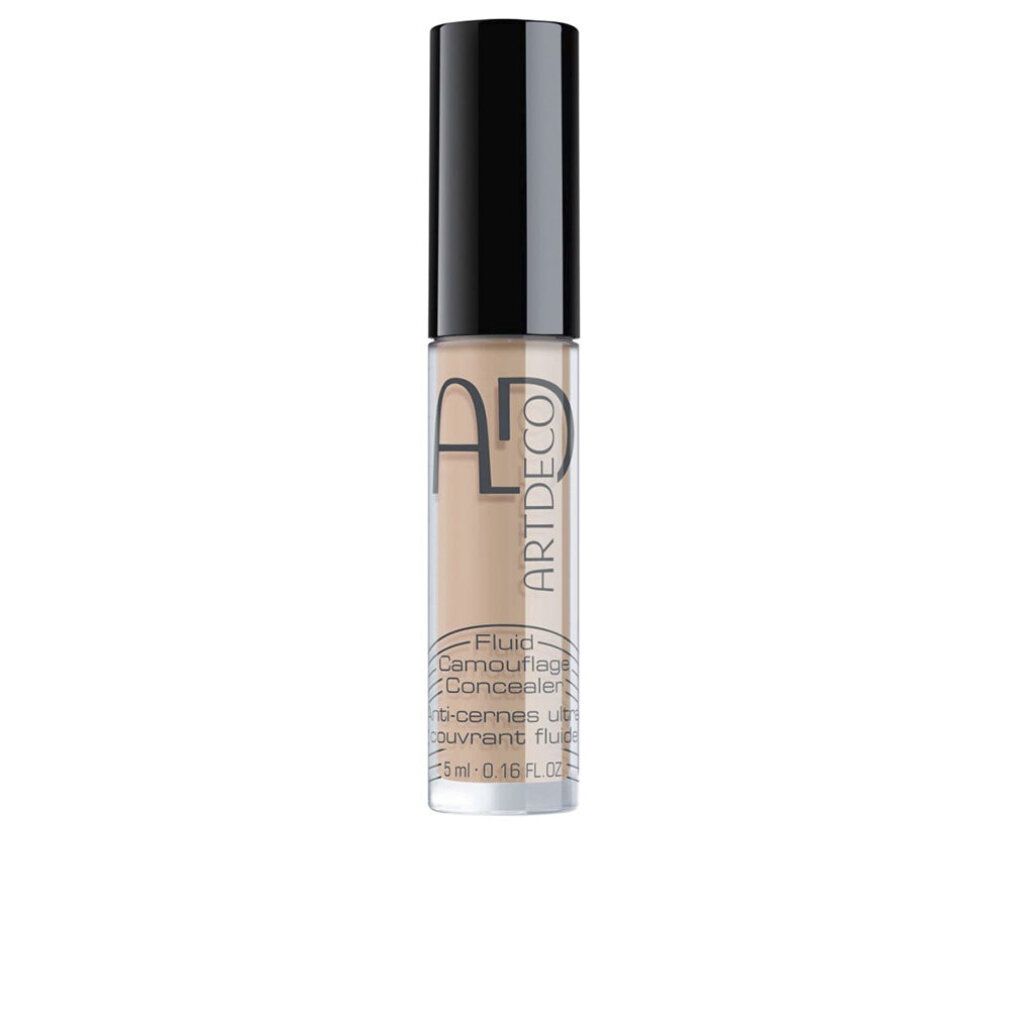 Artdeco Concealer Fluid. Beige Flüssig-Camouflage in Glasflasche mit schwarzem Deckel. Produktbezeichnung und Volumenangabe.