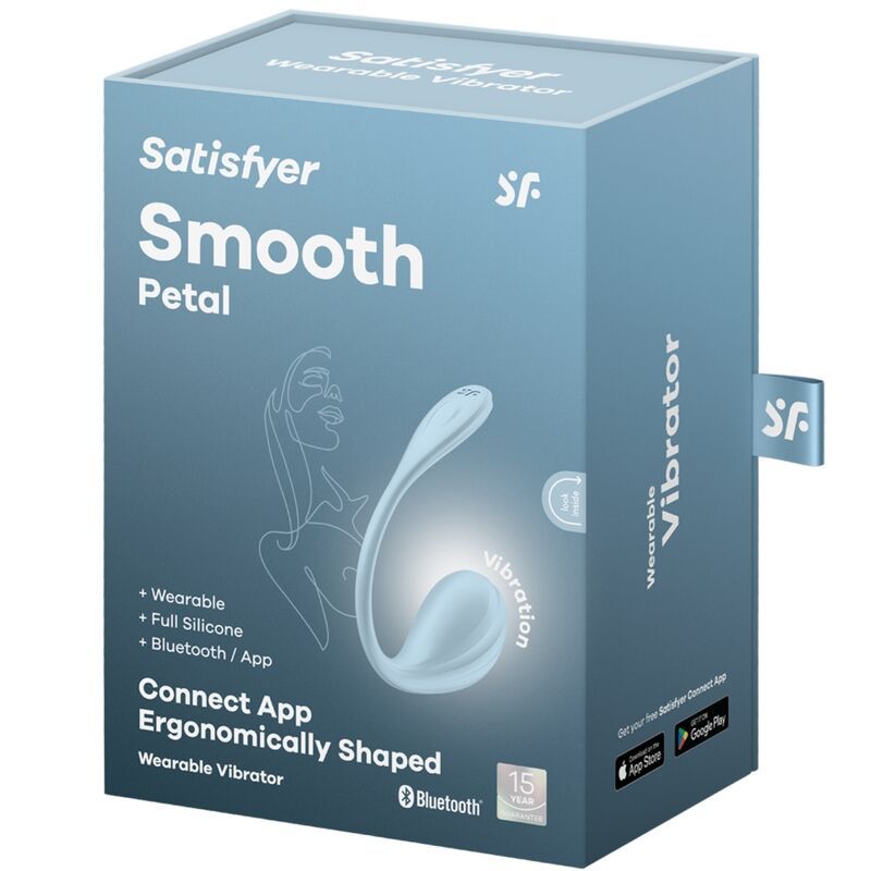 Hellblauer Karton mit Produktabbildung. Aufschrift 'Satisfyer Smooth Petal'. Text: 'Wearable Vibrator', 'Bluetooth/App'.