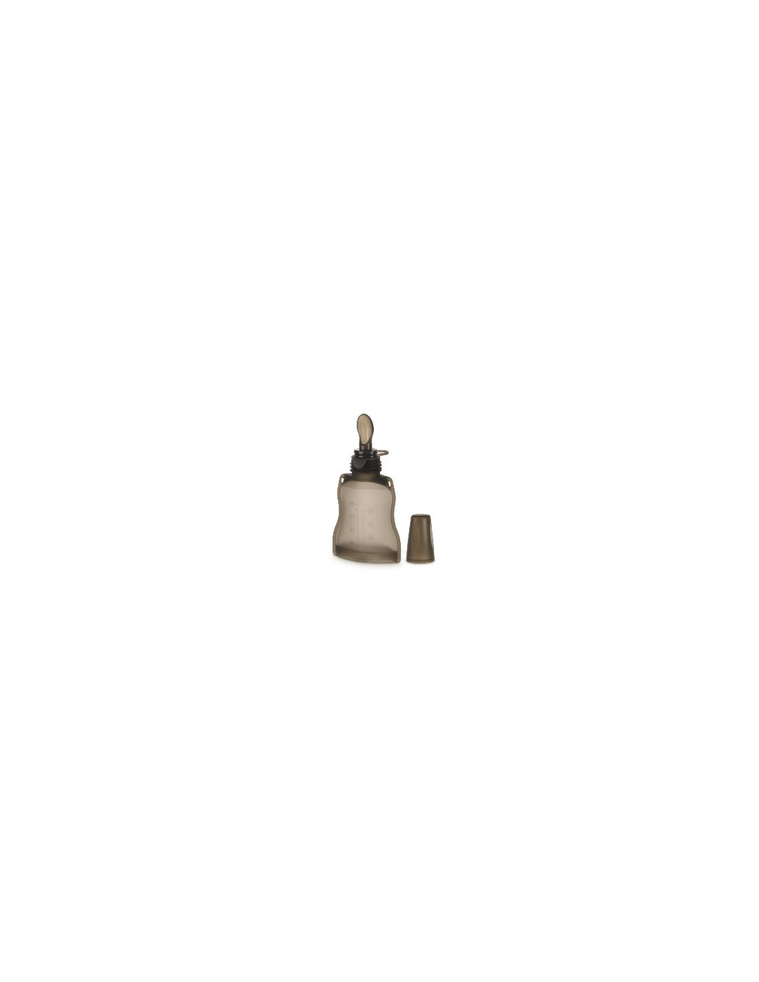 Quetschie mit Löffelaufsatz. Transparenter Behälter mit dunklem Deckel und Löffel. Separater Deckel daneben.